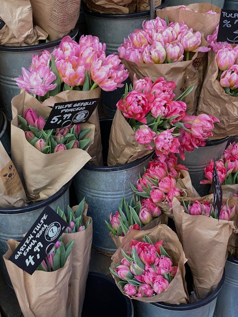 An arrangement of fresh pink tulips with rounded petals, displayed in brown kraft paper wrapping within metal buckets at Cockfosters Flowers. The tulips have green leaves and sturdy stems, suggesting 