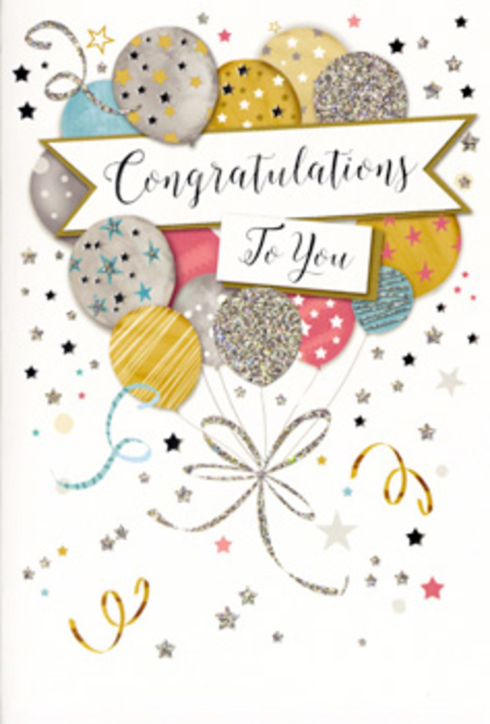 In this congratulations card, the artistry focuses on evoking the feeling of a celebration that is both joyful and graceful, much like a gathering at a favourite café near Cockfosters station after good news is shared. The central image is a generous cluster of balloons, rising in a loose, organic shape that recalls the rounded silhouette of a mixed bouquet. Each balloon is coloured in a soft, refined tone-antique gold, frosted silver, champagne beige, sky blue, blush pink, and gentle grey-and embellished with intricate metallic details. Some balloons are scattered with tiny twinkling stars, others are crossed by slender stripes or sprinkled with glitter, all suggesting a tactile shimmer as though the ink itself is textured. From the bases of the balloons fall slender gold and silver strings that curl and loop toward the bottom of the card, converging like elegantly tied stems. Around this floating cluster, small stars and dots of confetti are dispersed across a creamy, understated background, implying motion and celebratory energy without clutter. A ribbon-like banner sweeps across the centre of the design, softly draped, carrying the words Congratulations To You in flowing, calligraphic script that feels both personal and refined. The overall composition balances bright accents with calm spaces, creating a feeling of poised happiness that works equally well for graduations, promotions, and life milestones big or small. Seen through a florist's eye, this card is the paper equivalent of a delicately sparkling bouquet, perfectly suited to accompany fresh flowers delivered in Cockfosters and nearby neighbourhoods, where a thoughtful message is often cherished as much as the blooms themselves.