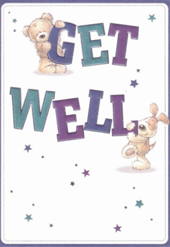 Bringing together the caring spirit of Cockfosters, this charming get well card is as uplifting as a walk through nearby Oak Hill Park in springtime. The scene unfolds on a pristine white backdrop, its lightness echoing the crisp air and bright mornings found just a short stroll from Cockfosters Flowers' shopfront. A cuddly teddy bear and a floppy-eared puppy are at the heart of the image, each playfully helping to hold aloft oversized, bold letters spelling out 'Get Well'. Layered in cool purples, indigos, and lively teals, the typography stands out confidently, its shading lending a sense of joyful depth. Scattered across the card, twinkling stars shimmer in dazzling purples and blues, resembling wishes cast with every caring thought. The bear's plush fur and the puppy's expressive gaze evoke a comforting, touchable warmth. Like crafting a bouquet for delivery to someone on Cat Hill, every brushstroke and colour here has been placed with intention and heart, making this card a perfect partner to an arrangement designed to lift spirits and share sincere encouragement throughout Cockfosters.