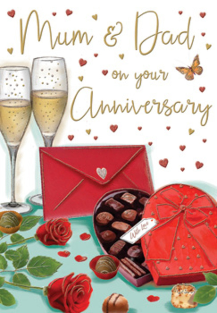 This anniversary card artwork paints a luxurious, heartfelt moment in rich, romantic detail, the kind you could imagine unfolding in a Cockfosters dining room after a leisurely evening walk around Trent Park. Dominating the centre of the composition are two refined champagne flutes, slender and delicately curved, each brimming with pale golden fizz. Tiny bubbles gather at the base and spiral upward, catching flecks of warm light as they rise, as if suspended at the instant before Mum and Dad raise their glasses to toast another year together. In front, a lavish heart-shaped chocolate box takes pride of place, its deep red exterior adorned with a wide satin bow whose tails fall gracefully across the table. The lid is propped open to reveal an enticing selection of chocolates, each one smooth, rounded, and nestled neatly in its own crinkled cup, suggesting shared treats and whispered memories. Nearby, lush red roses rest upon their green foliage, the petals rendered in layers of crimson and ruby that feel almost touchable, reminiscent of the classic anniversary bouquets crafted by Cockfosters Flowers for homes tucked along Cockfosters Road. A few stray chocolates sit on the tabletop like delicious afterthoughts, while a scattering of tiny crimson and gold hearts floats across the background, forming a gentle halo around a hand-lettered message for Mum and Dad. A bright scarlet envelope, completed with a small heart seal, lies ready to be opened, hinting at carefully chosen words inside. The overall effect is of warmth, softness, and intimacy-the glow of glass, the richness of red tones, and the imagined mingling of floral fragrance and chocolate sweetness all coming together to celebrate enduring love in a quiet Cockfosters setting.
