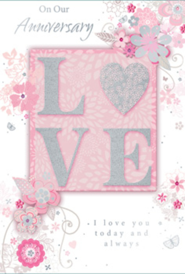 This anniversary card has the atmosphere of a softly lit Cockfosters evening, when the streets quieten and couples mark another year shared with flowers and handwritten notes. In the middle of the card, the word LOVE appears in prominent raised letters, each stroke and curve edged with a veil of fine glitter. The texture is inviting, almost like tracing the veins of a rose petal, and under gentle light it shimmers with a subdued elegance. The letters are set against a blush pink panel that stands out from the surrounding pearly white and subtle silver elements, creating a layered effect that gives the card a sense of structure and balance. Around this central word, delicate, stylized flowers drift outward, their petals drawn in soft shades of pink, ivory, and pale grey. The blossoms feel as if they have been carefully sketched by a florist planning an anniversary bouquet for delivery near Cockfosters Station-each curve of a petal, each hint of shading, suggesting care and intention. Fine lines trace slender leaves and whirling vines, threading through the blooms like trailing greenery spilling from a vase. The background remains a gentle, rosy pink, infusing the overall design with warmth and a dreamlike air, akin to looking at a bouquet through soft focus. Scattered among the floral motifs, elegant script text offers tender anniversary messages, phrases like I love you today and always rendered in graceful, looping letters that mirror the curves of the vines. The entire composition feels cohesive and romantic, as though the card itself were a paper bouquet meant to sit alongside fresh flowers on a table near Trent Park-a tactile, heartfelt symbol of lasting devotion.