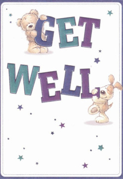 An endearing illustration on this get well card radiates comfort and cheer, bringing to mind the lively, supportive atmosphere of Cockfosters' beloved high street. At the heart of the design, a friendly brown teddy bear perches gently atop the first word 'GET,' while an enthusiastic puppy with floppy ears snuggles up close to the bold, rounded 'WELL' below. Each character is drawn with loving, textured detail-the bear's downy fur and the puppy's silky coat imbued with warmth and sincerity. Around them, stars in rich purples and sparkling teals are scattered with an air of magic, recalling the twinkle of fairy lights at local Trent Park gatherings. The crisp white background gives the entire card a refreshing sense of clarity and hope. Bold, friendly letters in indigo and teal rise off the surface, joyously delivering their well-wishing message. The whole composition, much like an expertly arranged get well bouquet from Cockfosters Flowers, feels alive with the promise of resilience and nurture. It's a visual celebration of encouragement and comfort, ready to brighten someone's day along Bramley Road or within any nook of the Cockfosters community.
