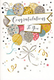 This congratulations card captures a moment of pure, buoyant joy, as though the air above Cockfosters had been filled with balloons after someone's hard-won success. At the centre, a collection of balloons rises in a gentle arc, their rounded forms overlapping like petals in a carefully composed floral arrangement. The colours are sophisticated yet cheerful: champagne gold, soft silver, pale blue, blush pink, and misty grey all glowing against a light, neutral background. Each balloon features its own pattern-some dusted with glitter, others adorned with small stars or slim, metallic stripes-adding depth and sparkle without feeling busy. Thin, curling ribbons flow from the bases of the balloons, drawn in graceful lines of gold and silver that twist and loop as if caught in a soft breeze along Cockfosters Road. Scattered around the design are tiny stars and confetti-like dots, suggesting the joyful aftermath of applause, when smiles linger and the room is still full of energy. Cutting through the centre of the balloon cluster is a softly unfurling banner, elegantly rendered and inscribed with the words Congratulations To You in smooth, flowing calligraphy. The script feels genuine and heartfelt, more like a personal note than a generic greeting. Overall, the card radiates warmth, pride, and gentle glamour-ideal for celebrating graduations, promotions, or any achievement worth remembering. Paired with a fresh bouquet from a local Cockfosters florist, it completes the gesture, turning a simple delivery into a keepsake moment that the recipient will feel long after the flowers have finished blooming.