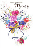 This Mother's Day card shows a joyful, watercolour-style bouquet that feels both modern and tender, as though inspired by the fresh arrangements prepared for families around Cockfosters. The central cluster of blooms is rendered in rich shades of cerise, fuchsia, and vibrant rose pink, their forms loosely defined by flowing indigo outlines that curl and loop like soft petals and gently arching stems. These bold hues sit alongside more tranquil touches of lavender, powder blue, and soft lilac, gently bleeding into the white card to evoke the translucent layers of real, delicate petals. Scattered across the bouquet are slender accents of gold, catching the imaginary light along petal edges and leaf tips, giving the composition a quiet, luxurious shimmer, similar to sunlight brushing the tops of houses on a bright day near Oakwood or along The Ridgeway. Around the main arrangement, joyful flecks of colour and small heart shapes appear, as though the emotion tied to the bouquet is spilling past its boundaries in little bursts of happiness. The flowers arise from a simple vase, softly painted in pale washes and finished tidily with a slim golden bow that recalls the final flourish of ribbon a florist adds before handing over a finished gift. The image captures the essence of Mother's Day in Cockfosters: warm, loving, and full of appreciation for the small, everyday acts of care. It feels like a moment preserved-the sense of placing a bouquet on the dining table, the rustle of paper and ribbon, and the quiet smile that comes when a mum reads the message written inside.