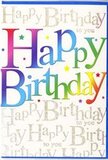 The birthday card in this image feels tailor-made for a cheerful Cockfosters celebration, where colour and warmth are at the heart of the day. Across the centre, the words Happy Birthday appear in generous, softly curved letters that carry a flowing gradient of colour from one side to the other. Starting with intense shades of red and fuchsia, the colours glide into glowing orange and bright lemon yellow, then slip into soft lime and classic green, continuing into tranquil turquoise, royal blue, and a whisper of violet. This unbroken rainbow effect is smooth and harmonious, like a carefully arranged bouquet where each flower shade has been chosen to blend into the next. Surrounding the main text are scattered flecks of colour and petite star shapes that bring movement and a sense of fun, echoing the scatter of confetti across a party table in a Cockfosters home. The background is richly patterned with the phrase Happy Birthday to you written in an elegant golden hand, repeated over and over until it forms a shimmering tapestry of good wishes. The golden script has a refined, slightly reflective look, as though it would catch even the softest light from a nearby window overlooking Cockfosters Green. Together, the bold rainbow lettering and the intricate gold script create a layered, almost luxurious feel, balancing lively exuberance with polished detail. This is the kind of card that stands proudly beside fresh flowers, helping to set the scene for a day of celebration, laughter, and shared moments, long after the envelope has been opened.