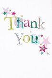 This thank you card exudes gentle joy, the kind you feel on a sunlit morning in Cockfosters when the community's warmth is palpable. The phrase 'Thank You' dances across the card in a parade of radiant colours-shimmering silver, optimistic yellow, lush green, and cool blue. Each letter is adorned with tactile details: some glisten with metallics, some are festooned with playful polka dots or delicate stitches that lend a hand-finished quality. Scatterings of stars in hues of pink, teal, and silver whirl around the message, reminiscent of festive gatherings near Trent Park's grand lawns. The background is a pure, untouched white, offering an airy sense of calm that lets every vibrant detail shine. The arrangement is both energetic and balanced, never overpowering but sparkly and sincere-a perfect note of thanks. It's easy to imagine this card nestled among fresh blooms, ready for delivery throughout Cockfosters, radiating gratitude and the friendly spirit that defines the neighbourhood.