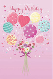 This birthday-themed image feels like a little piece of Cockfosters sky captured in pastel and petals, gently floating above the familiar streets and gardens. A soft pink background sets a tranquil, celebratory tone, like a blush of evening light. Against it, a whimsical bouquet of balloons drifts upward, their surfaces smooth and slightly glossy, reflecting an imagined glow. The balloons come in airy shades of blush, sea green, lemon yellow, lavender, and powdery blue, each decorated with playful designs-some swirling with candy-coloured stripes, others scattered with cheerful polka dots, and one heart-shaped balloon at the centre radiating a quiet, affectionate charm. Trailing ribbons lead the eye down to a compact, hand-gathered bouquet at the base, brimming with delicate roses and anemone-like blossoms. The flowers are rendered in creamy ivory, soft blush pink, and gentle mauve, their feathery petals layered and slightly tousled, as though freshly arranged for a birthday surprise near Cockfosters Green. A violet satin bow secures the stems, its smooth texture and subtle sheen echoing the balloons above. Tiny star-like specks and butterfly motifs are sprinkled lightly around the design, adding a whisper of fairy-tale magic. The lighting is soft yet bright enough to bring out the contours of the balloons and the tender details of each petal, creating a feeling of airiness and joy. This image captures the essence of a bright, unforgettable birthday-light-hearted, sweet, and crafted with an artist's and florist's eye for every charming detail.