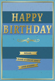 This refined birthday card, which would pair beautifully with a hand-tied bouquet from Cockfosters Flowers, features a serene blend of blue tones accented with tasteful gold details. The card's background is divided into generous horizontal stripes that transition from a deep, velvety navy at the top through steadily lighter bands of blue until they reach a soft, open sky hue near the bottom. The layered effect feels calm and expansive, like looking out across the sky above Trent Park on a clear day. Centred over these bands is the main greeting, HAPPY BIRTHDAY, embossed in large, gold capital letters. The text is raised from the card's surface, and the metallic finish catches the light with a gentle shimmer, creating a subtle focal point that conveys celebration without overwhelming the senses. Directly under the greeting, a slim golden flourish sweeps gracefully from side to side, its curling lines echoing the loops of elegant handwriting or decorative scrollwork. Beneath this flourish sit three narrow golden banners, stacked one beneath the other. Each banner carries a fragment of a warm, easygoing message: Relax, have a great day and enjoy! The banners appear slightly elevated and have a smooth, polished sheen, providing a tactile contrast imagined against the more velvety matte look of the blues. A fine gold border runs neatly around the edge of the card, drawing all the elements together and giving a sense of balance and completion. The overall impression is one of understated luxury and thoughtful care-a birthday card that would feel at home on a sideboard in Cockfosters, next to a vase of fresh flowers, inviting the recipient to pause, reflect, and savour a quietly joyful celebration.
