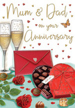 The illustration on this anniversary card captures a scene that feels both elegant and wonderfully familiar, as though set on a polished table in a Cockfosters home preparing to honour Mum and Dad. At the visual centre, two matching champagne flutes rise side by side, their slender stems and gently flared bowls filled with delicate golden bubbles that catch a warm, ambient light, echoing the anticipation of a shared toast. In the foreground, a deep red heart-shaped box of chocolates adds a note of indulgence, its surface smooth and richly coloured, wrapped with a lavish bow whose satin ribbons curl softly across the scene. The lid sits open, revealing carefully arranged chocolates in different shapes, each nestled in its own little paper cradle, inviting the idea of choosing favourites together. Resting close by, plump red roses with velvety, layered petals lie against glossy green leaves, much like the fresh stems selected for anniversary bouquets delivered around Cockfosters and along the leafy roads leading toward Oakwood. Scattered chocolates glint subtly as if touched by candlelight, drawing the eye toward a dusting of tiny gold and crimson hearts that drift around an affectionate, hand-lettered greeting for Mum and Dad. A scarlet envelope, sealed neatly with a heart, completes the composition, hinting at personal words of gratitude and love inside. The colours-ruby red, warm gold, and lush green-blend with the softness of the lighting to evoke the scent of fresh roses, the sweetness of chocolate, and the gentle chime of clinking glasses, capturing the quiet joy of an anniversary celebrated at home in Cockfosters.